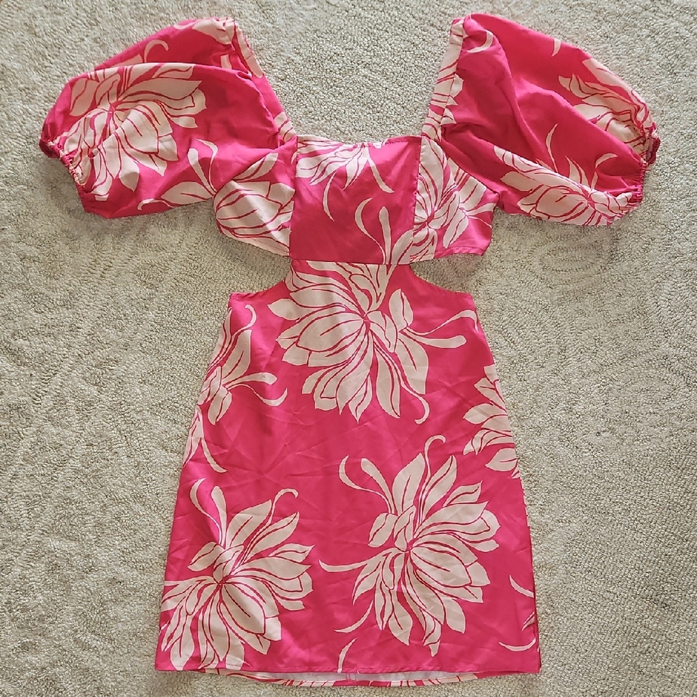 Pink Floral Puff Sleeve Cutout Mini Dress Size Small